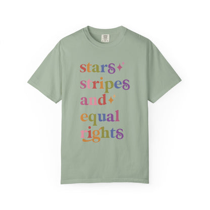 Stars Stripes and Equal Rights Care & Resist rainbow Comfort Colors tee
