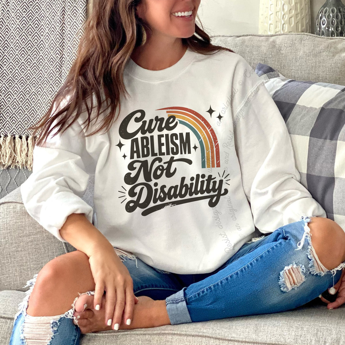 Cure Ableism not Disability Badge Care & Resist Gildan crewneck sweatshirt in White