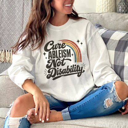 Cure Ableism not Disability Badge Care & Resist Gildan crewneck sweatshirt in White