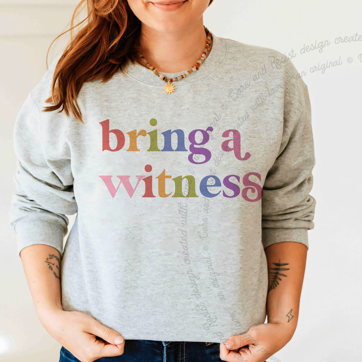 Bring a Witness Care & Resist Gildan crewneck sweatshirt in Sport Grey