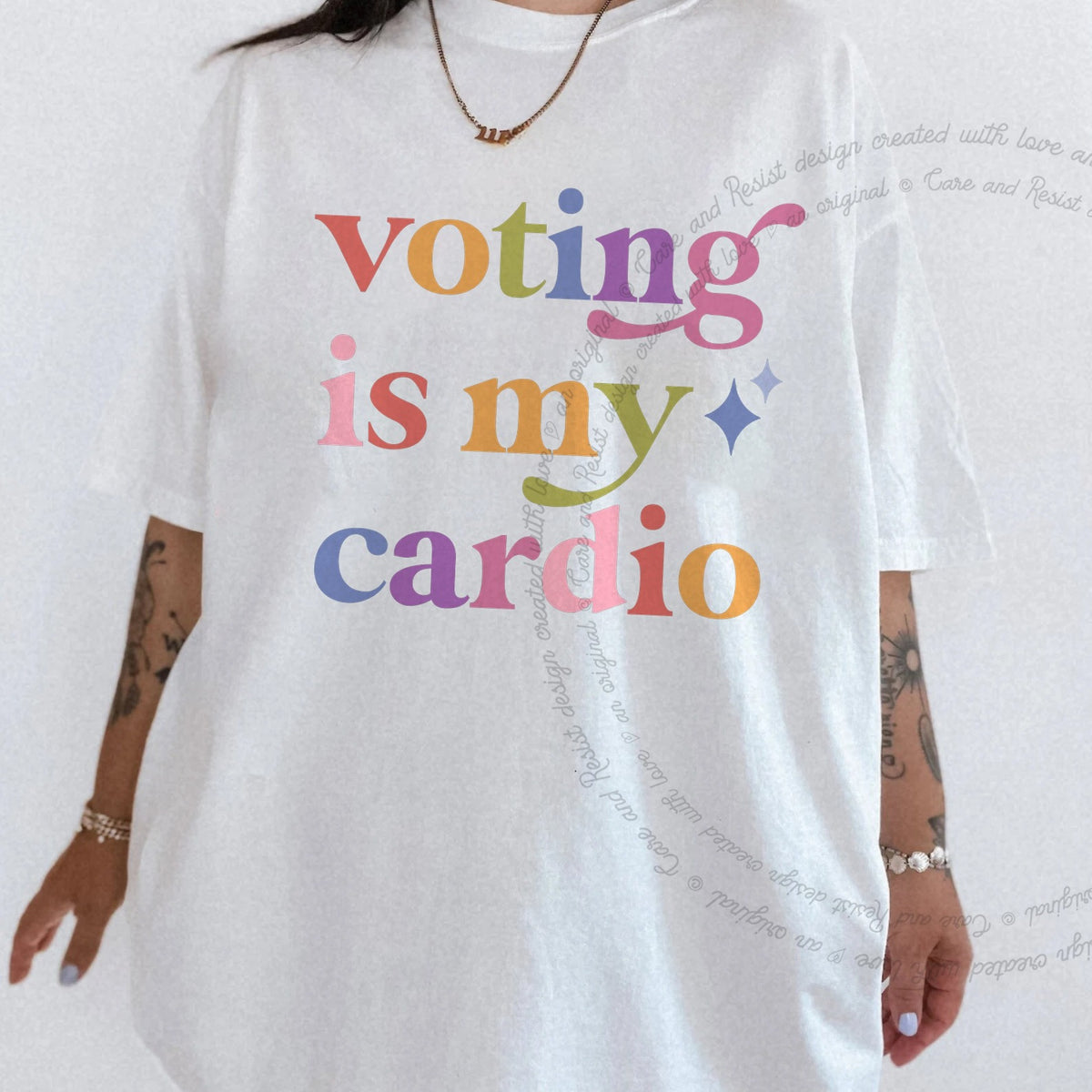 Voting is My Cardio Care & Resist rainbow tee