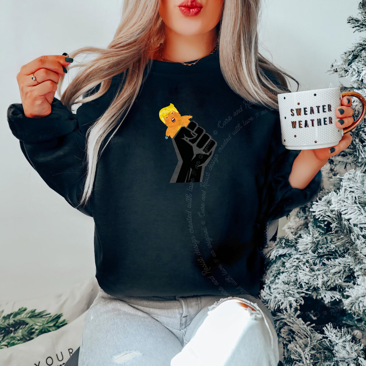 Resist Fist and Trump Blimp Care & Resist Gildan crewneck sweatshirt in Black