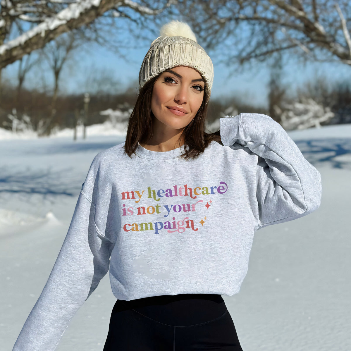 My Healthcare is not Your Campaign Care & Resist Gildan crewneck sweatshirt in Sport Grey
