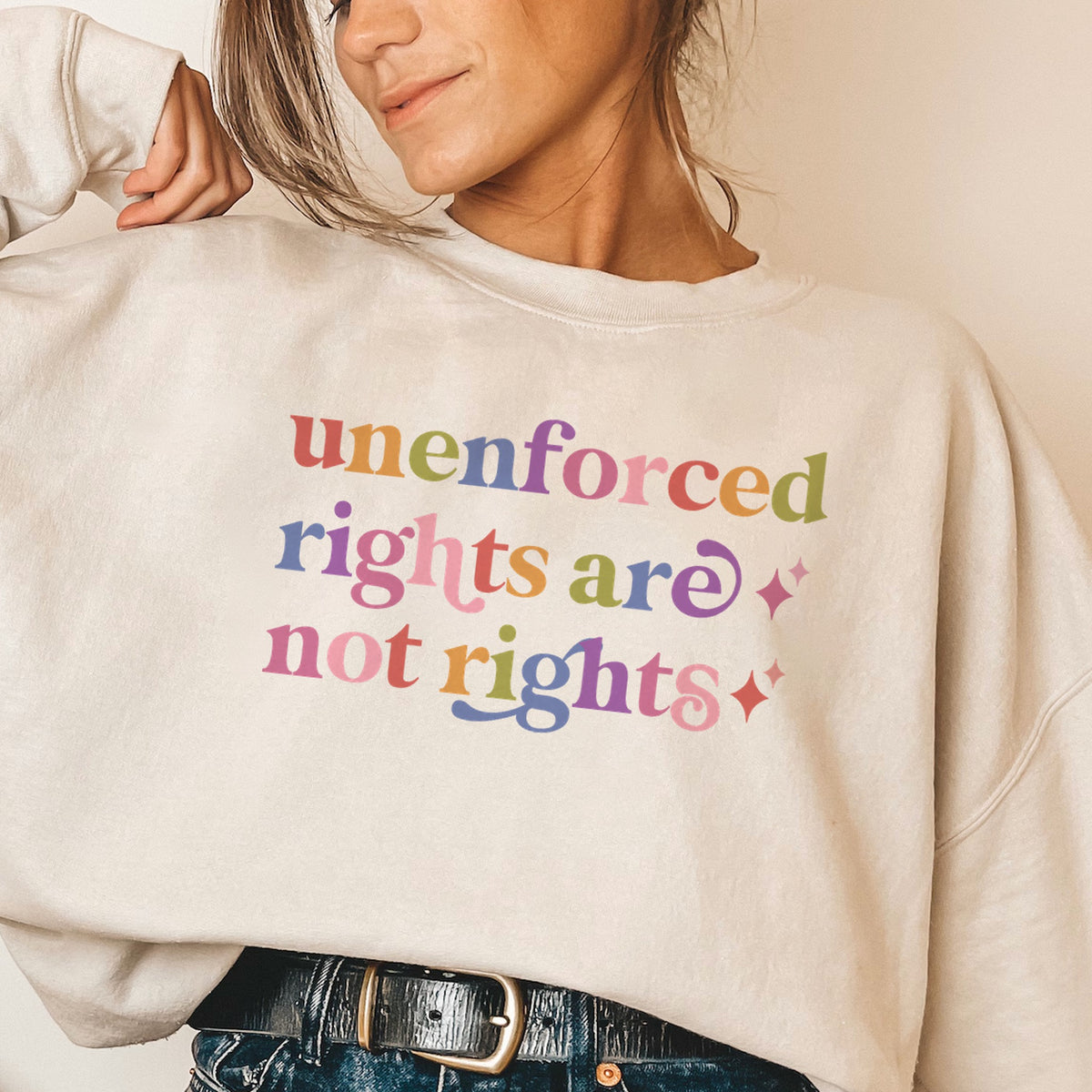 Unenforced Rights are not Rights Care & Resist Gildan crewneck sweatshirt in Sand