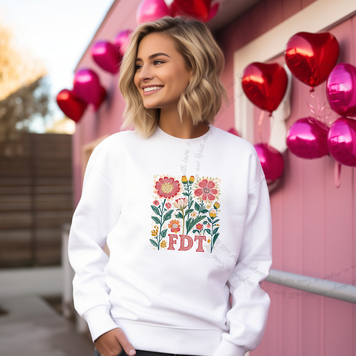 FDT Floral Care & Resist Gildan crewneck sweatshirt in White