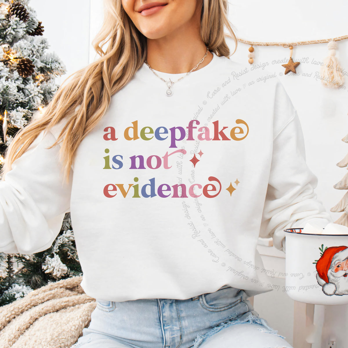 A Deepfake is not Evidence Care & Resist Gildan crewneck sweatshirt in White