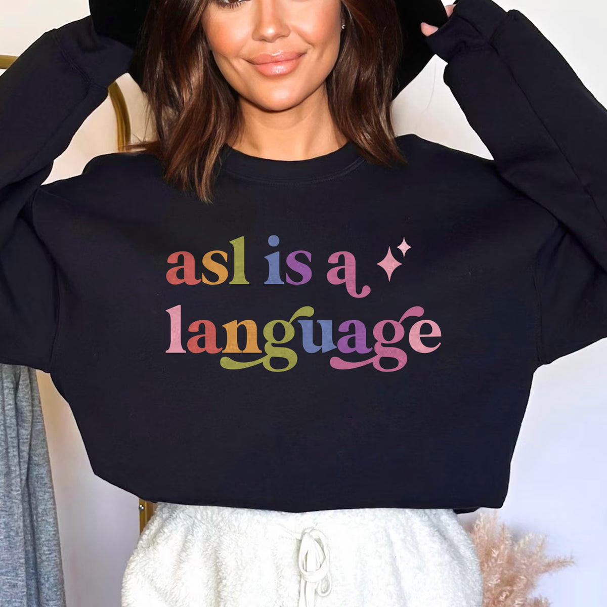 Asl is a Language Care & Resist Gildan crewneck sweatshirt in Black