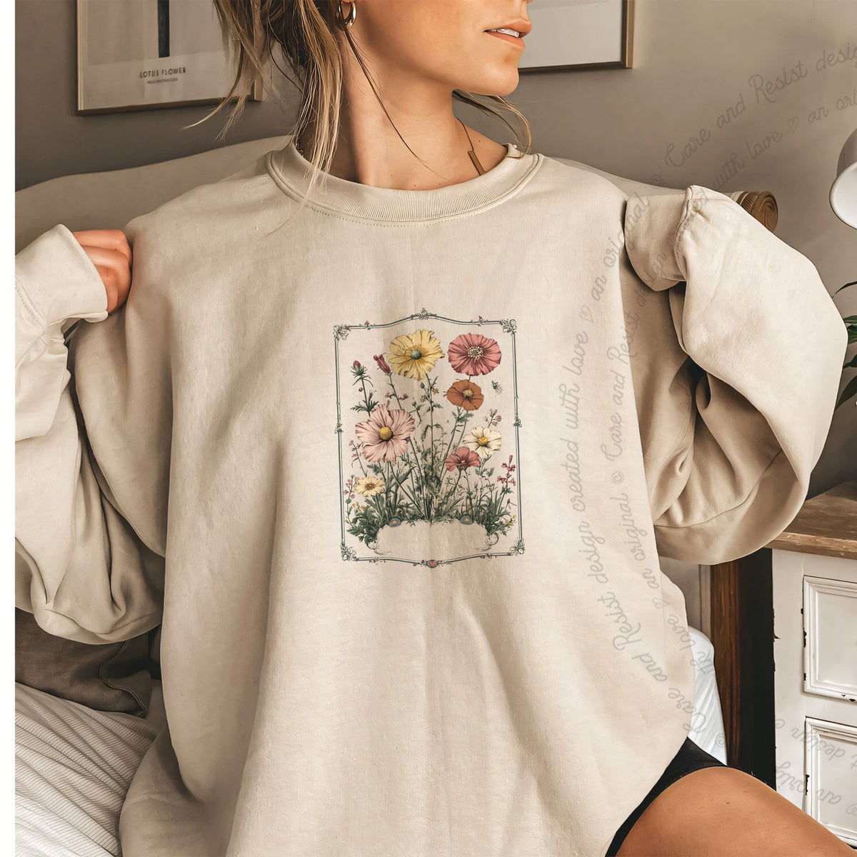 Elect a Clown Expect a Circus Floral Care & Resist Gildan crewneck sweatshirt in Sand