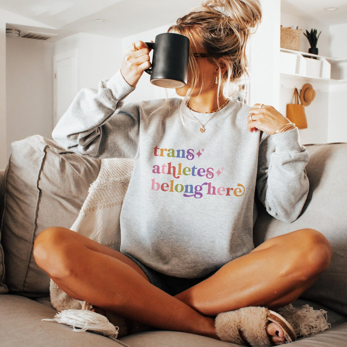 Trans Athletes Belong Here Care & Resist Gildan crewneck sweatshirt in Sport Grey