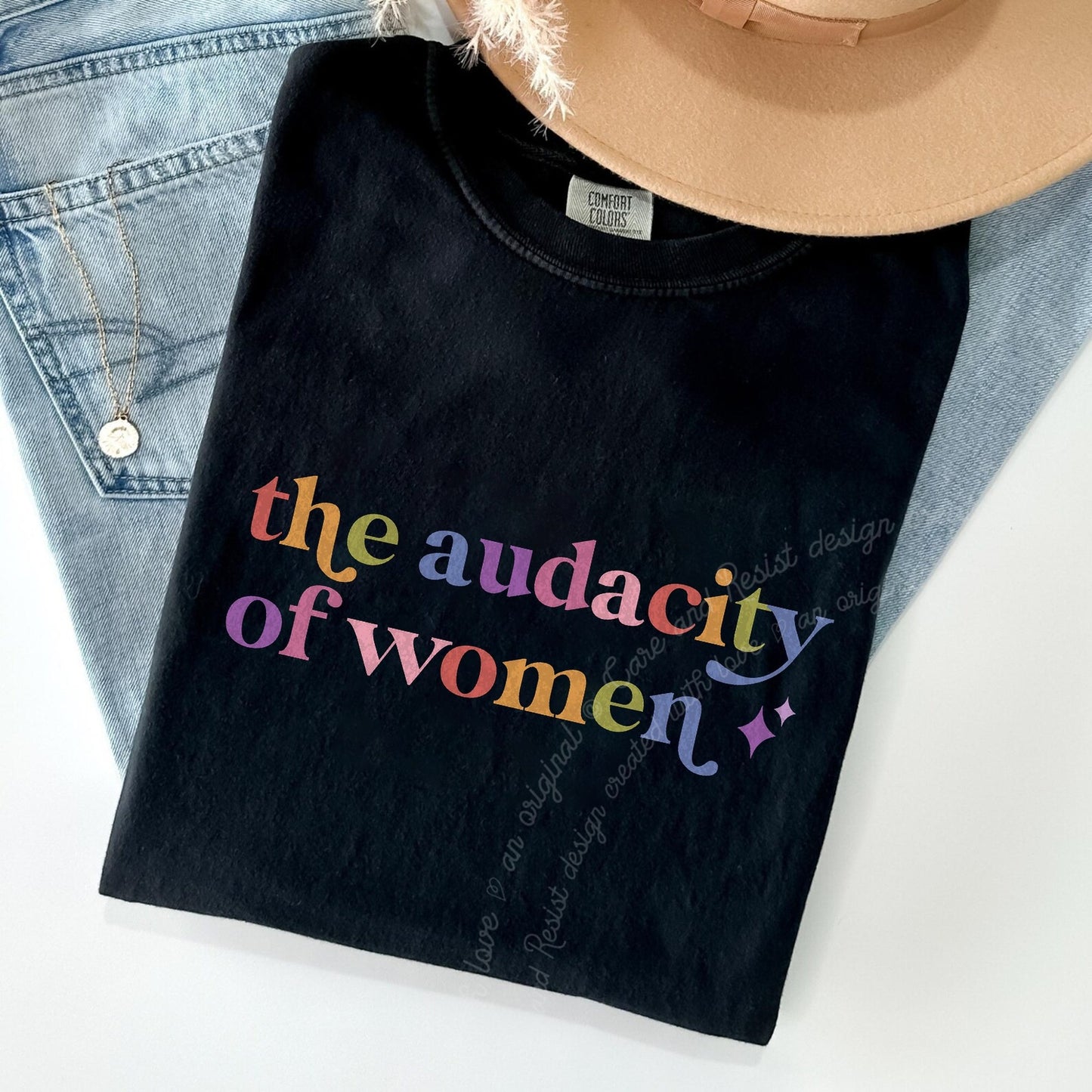 The Audacity of Women Care & Resist rainbow Comfort Colors tee, Black
