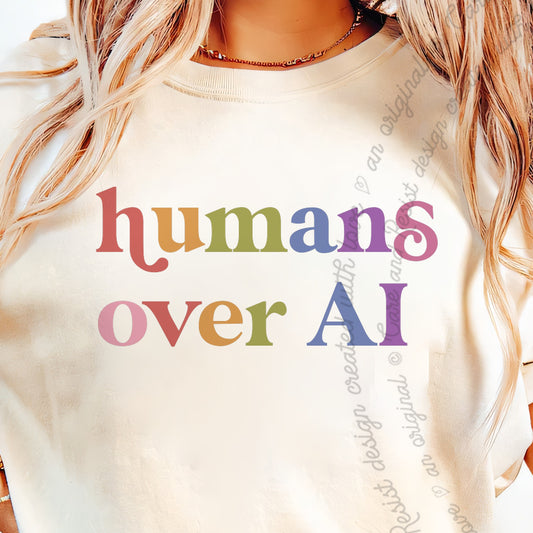 Humans Over AI Care & Resist progressive t-shirt in Ivory