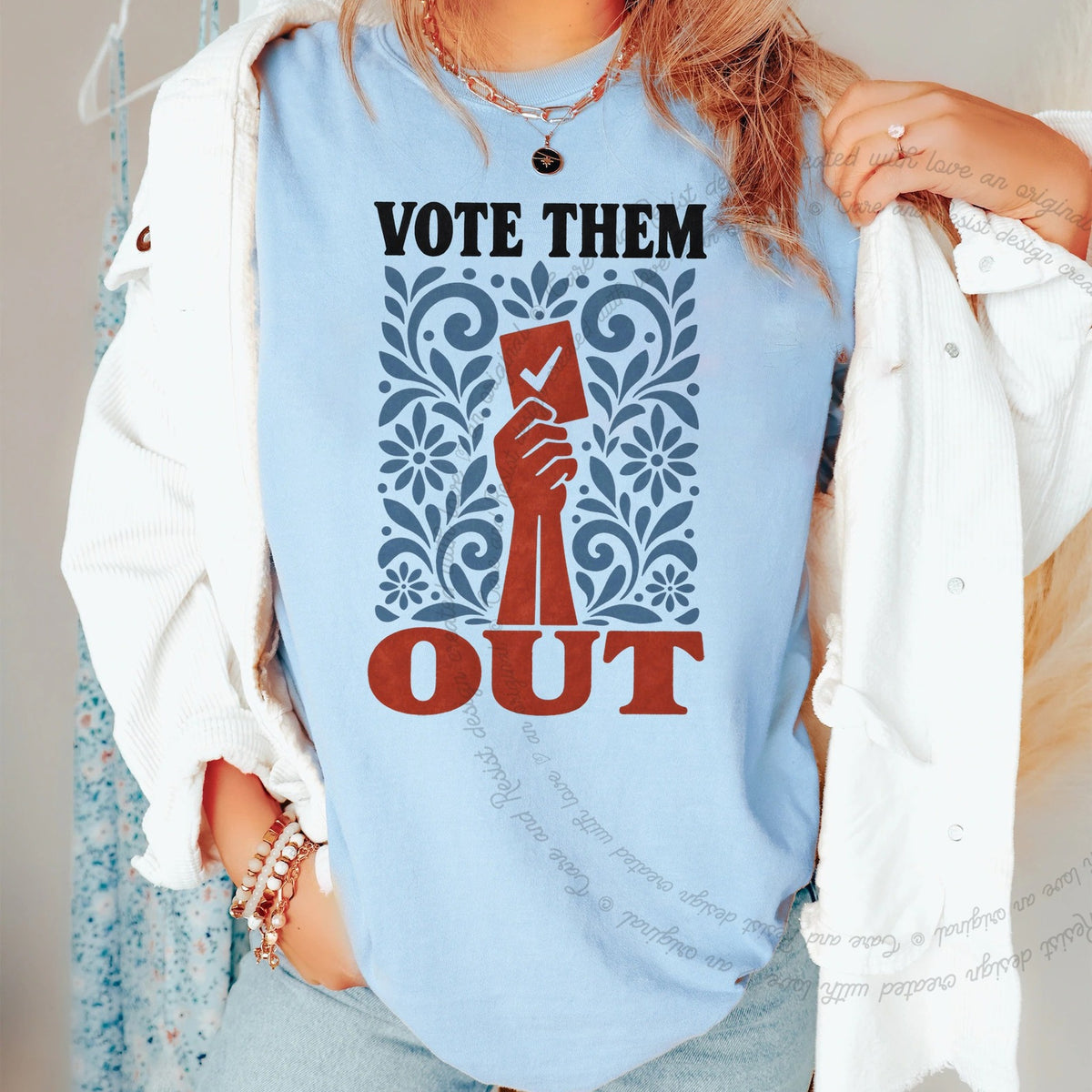 Vote Them Out Folk Ballot Care & Resist progressive t-shirt in Chambray