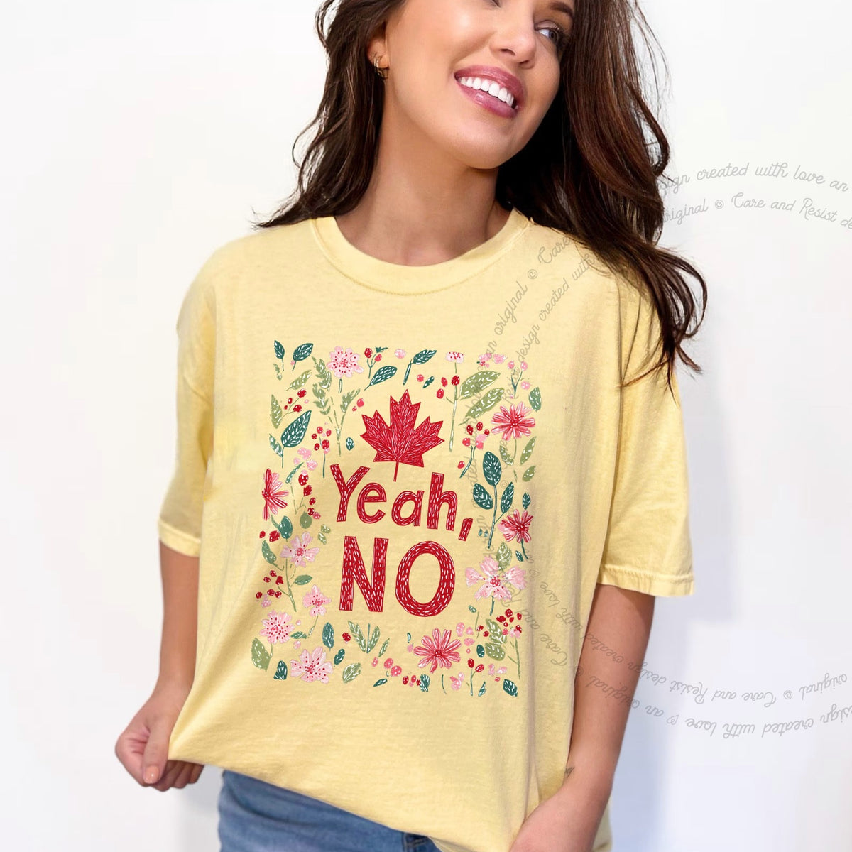 Yeah, No Care & Resist progressive t-shirt in Banana