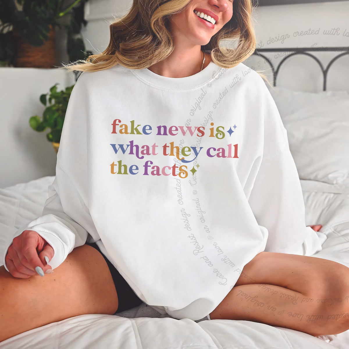 Fake News is What They Call the Facts Care & Resist Gildan crewneck sweatshirt in White