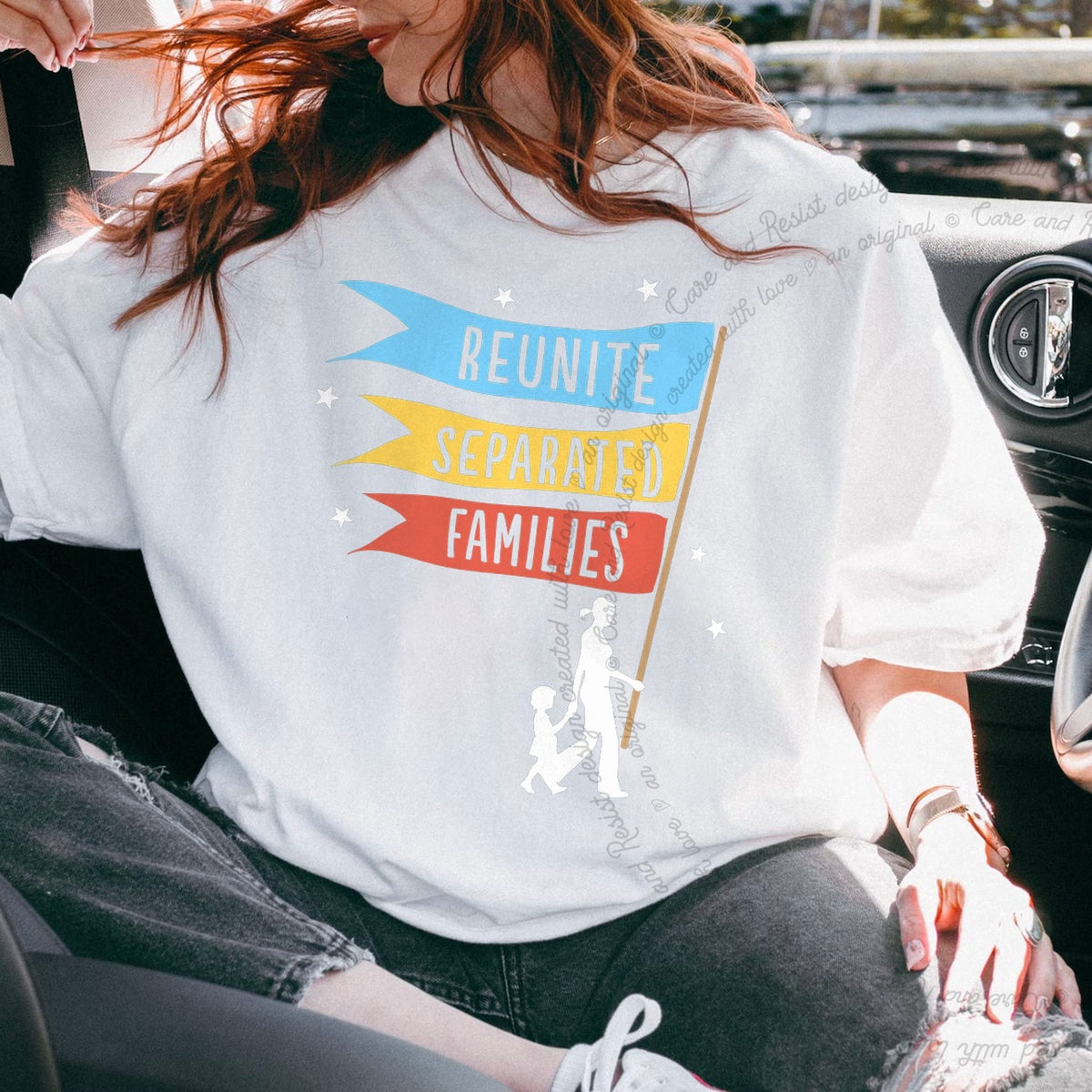 Reunite Separated Families Flags Care & Resist progressive t-shirt in White