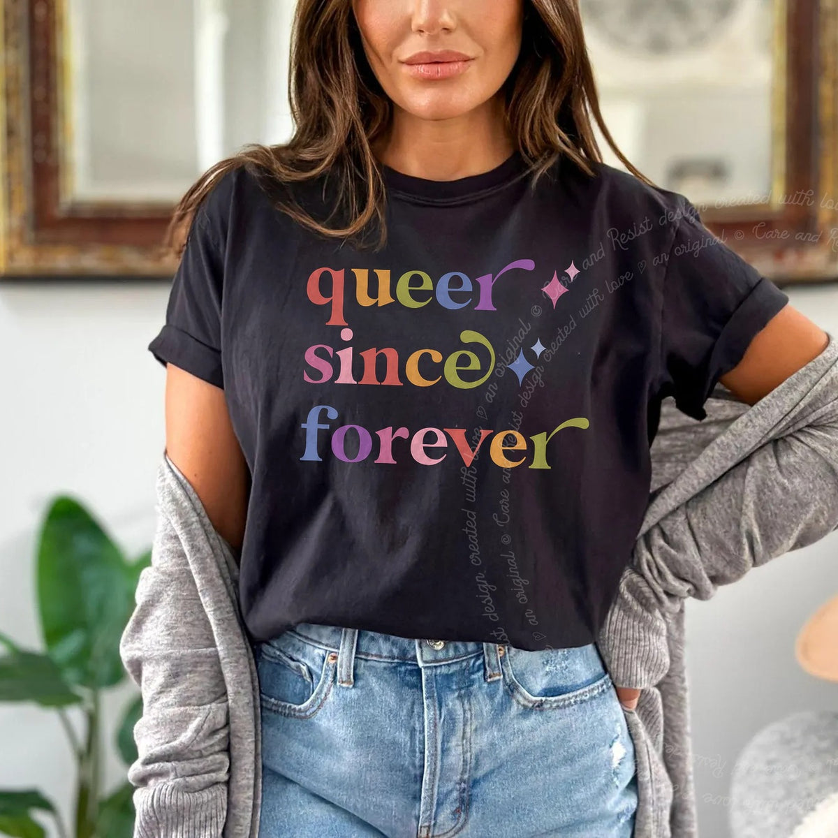 Queer Since Forever Care & Resist progressive t-shirt in Black
