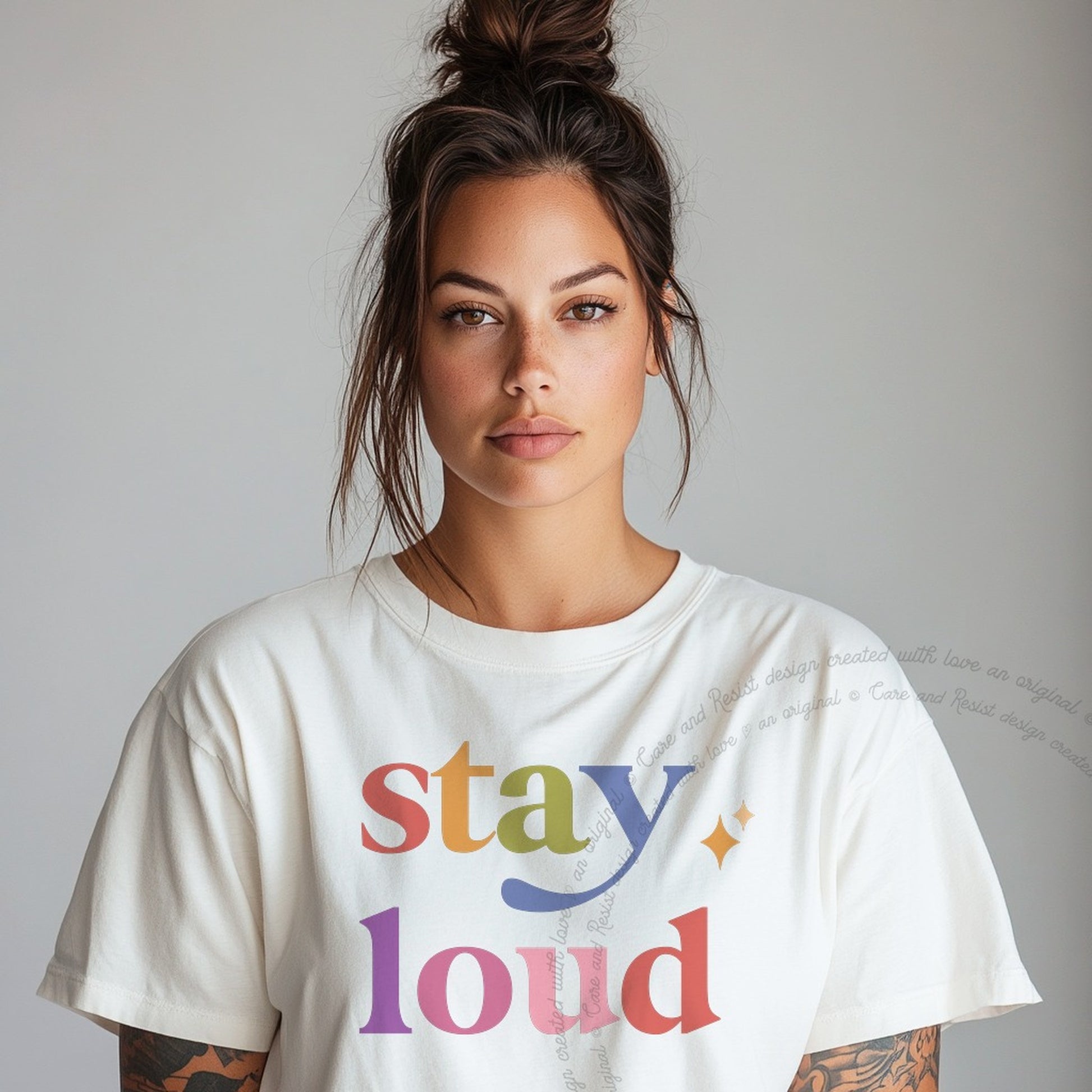 Stay Loud Care & Resist rainbow Comfort Colors tee, White