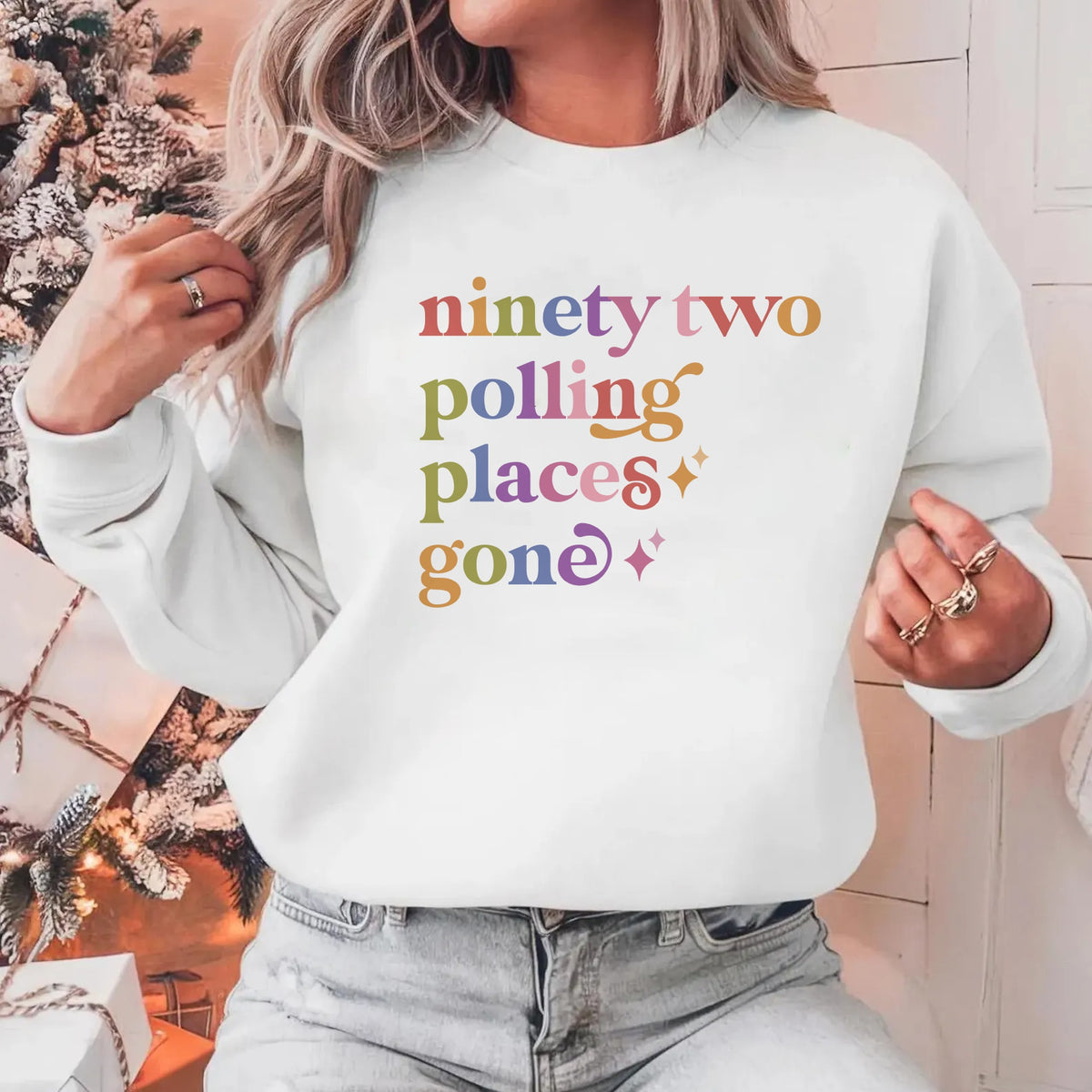 Ninety Two Polling Places Gone Care & Resist Gildan crewneck sweatshirt in White
