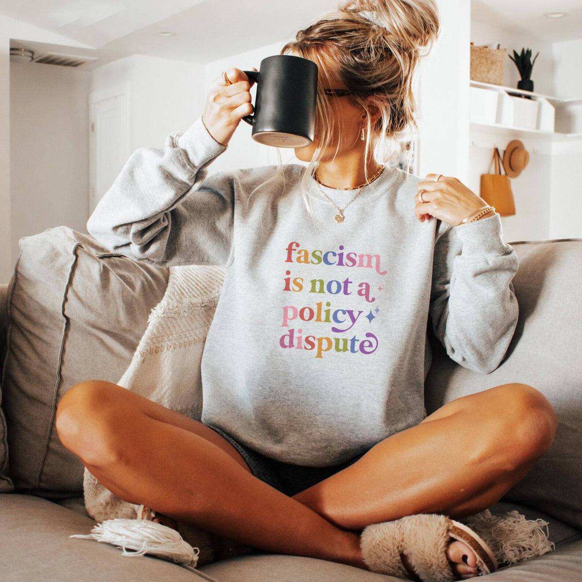 Fascism is not a Policy Dispute Care & Resist Gildan crewneck sweatshirt in Sport Grey
