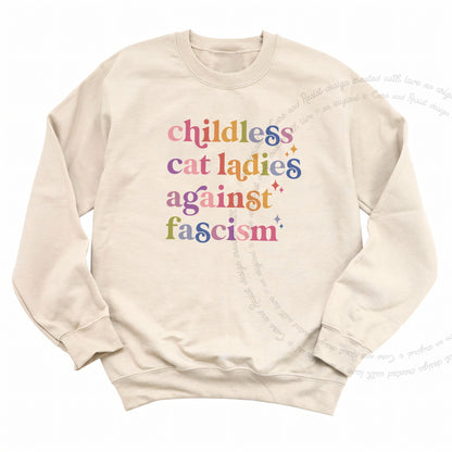 Childless Cat Ladies Against Fascism Care & Resist Gildan crewneck sweatshirt in Sand