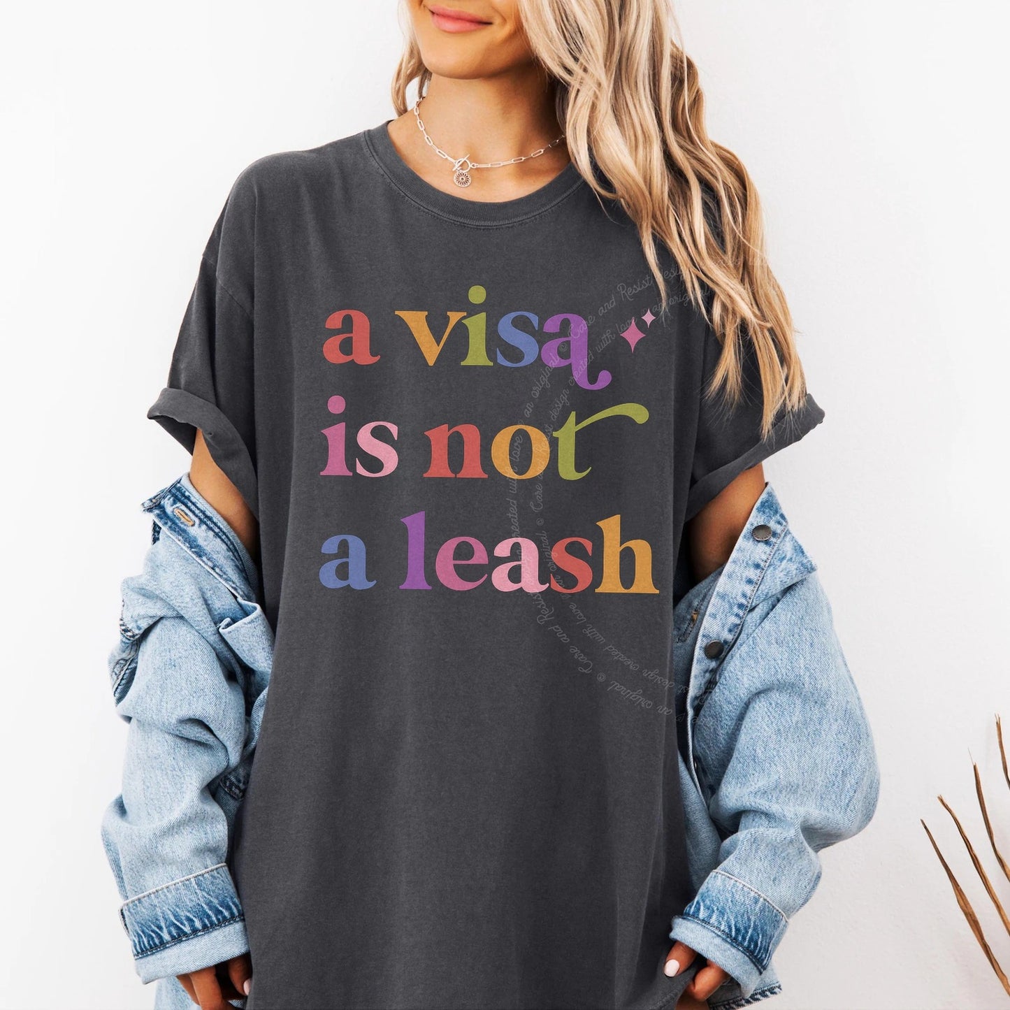 A Visa is not a Leash Care & Resist rainbow Comfort Colors tee, Graphite
