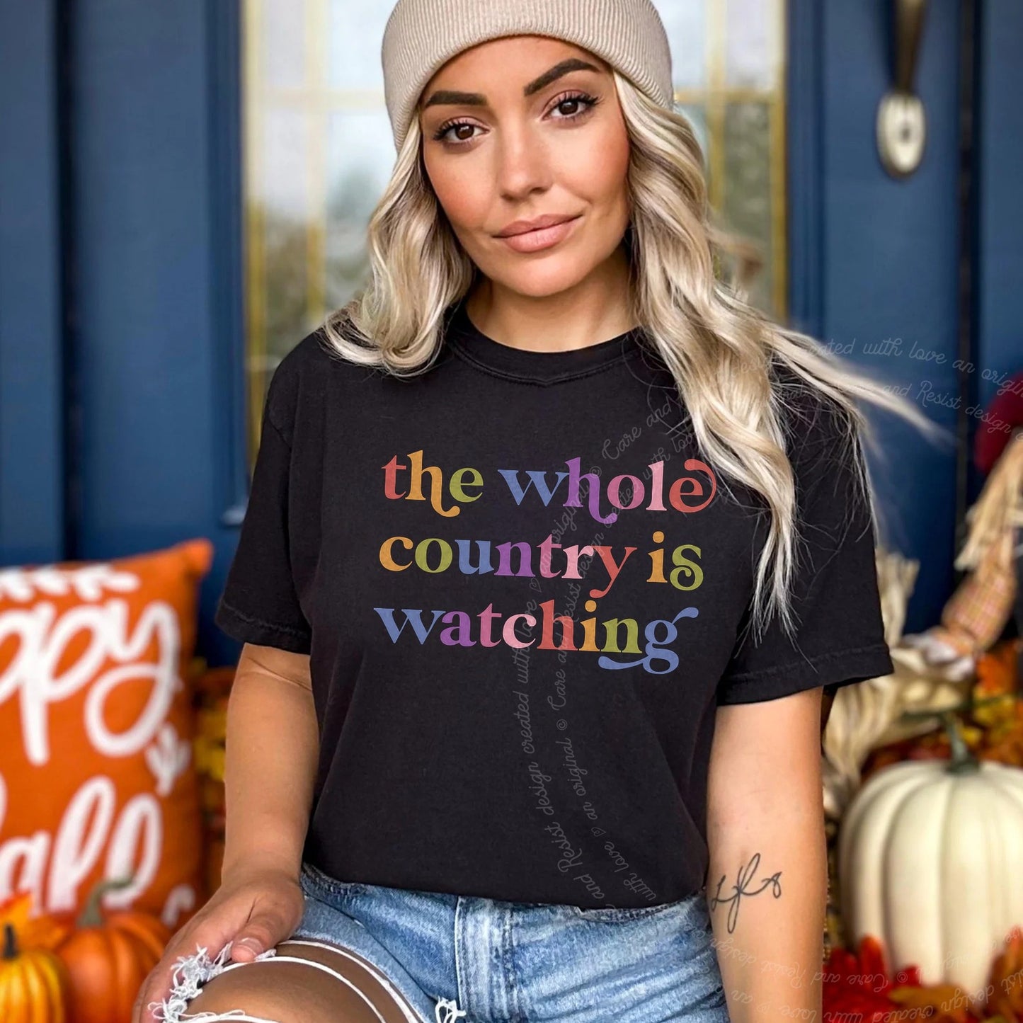The Whole Country is Watching Care & Resist rainbow tee