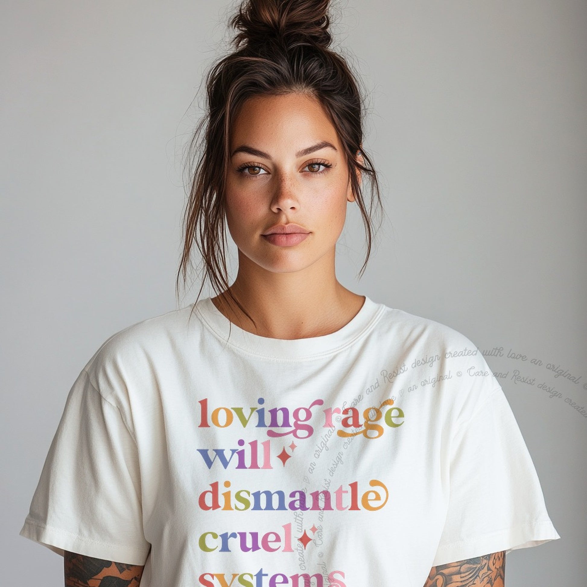 Loving Rage Will Dismantle Cruel Systems Care & Resist rainbow Comfort Colors tee, White