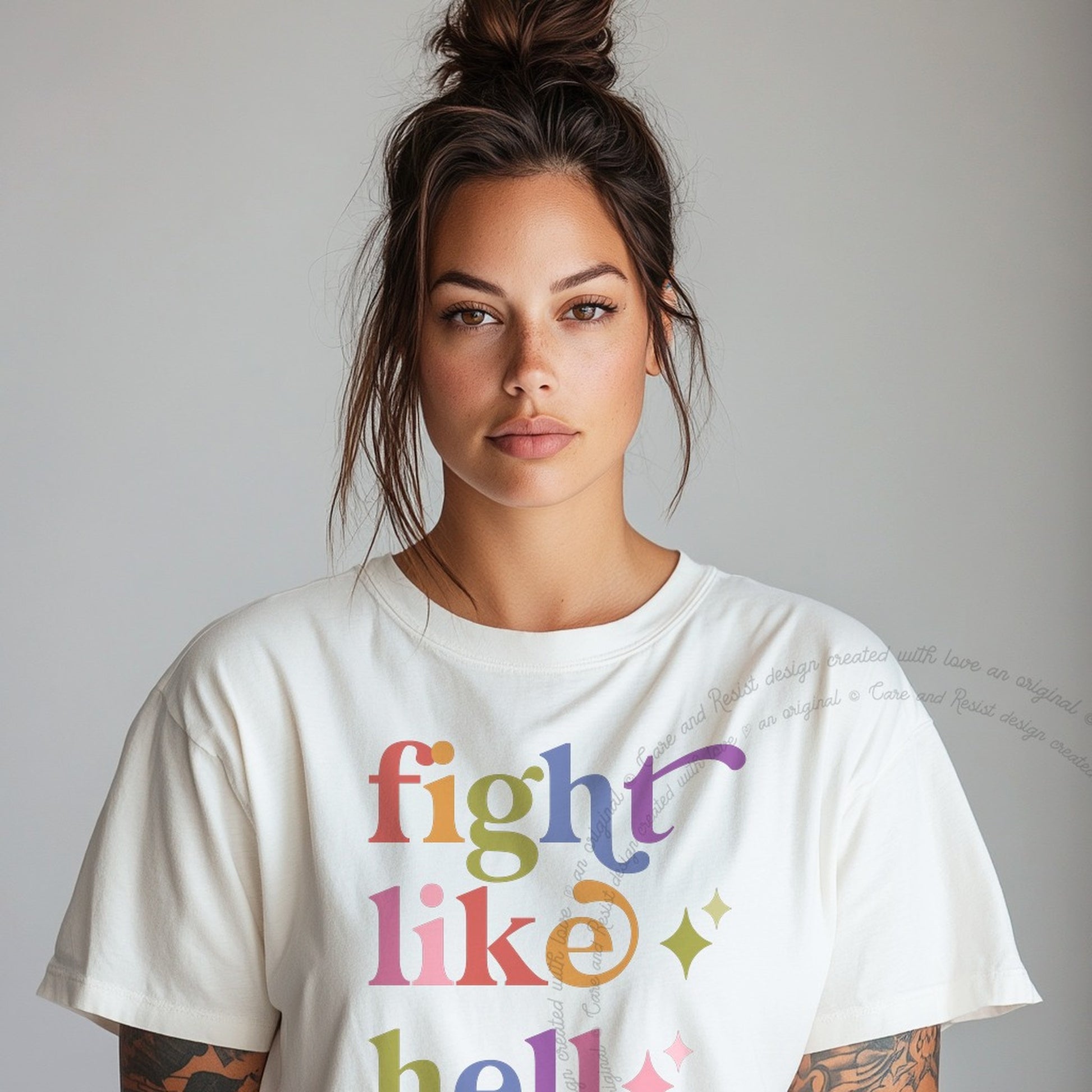 Fight Like Hell Care & Resist rainbow Comfort Colors tee, White