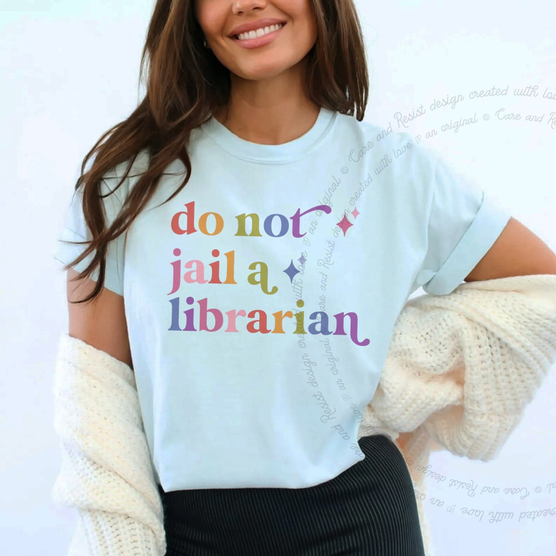 Do not Jail a Librarian Care & Resist rainbow Comfort Colors tee, Chambray