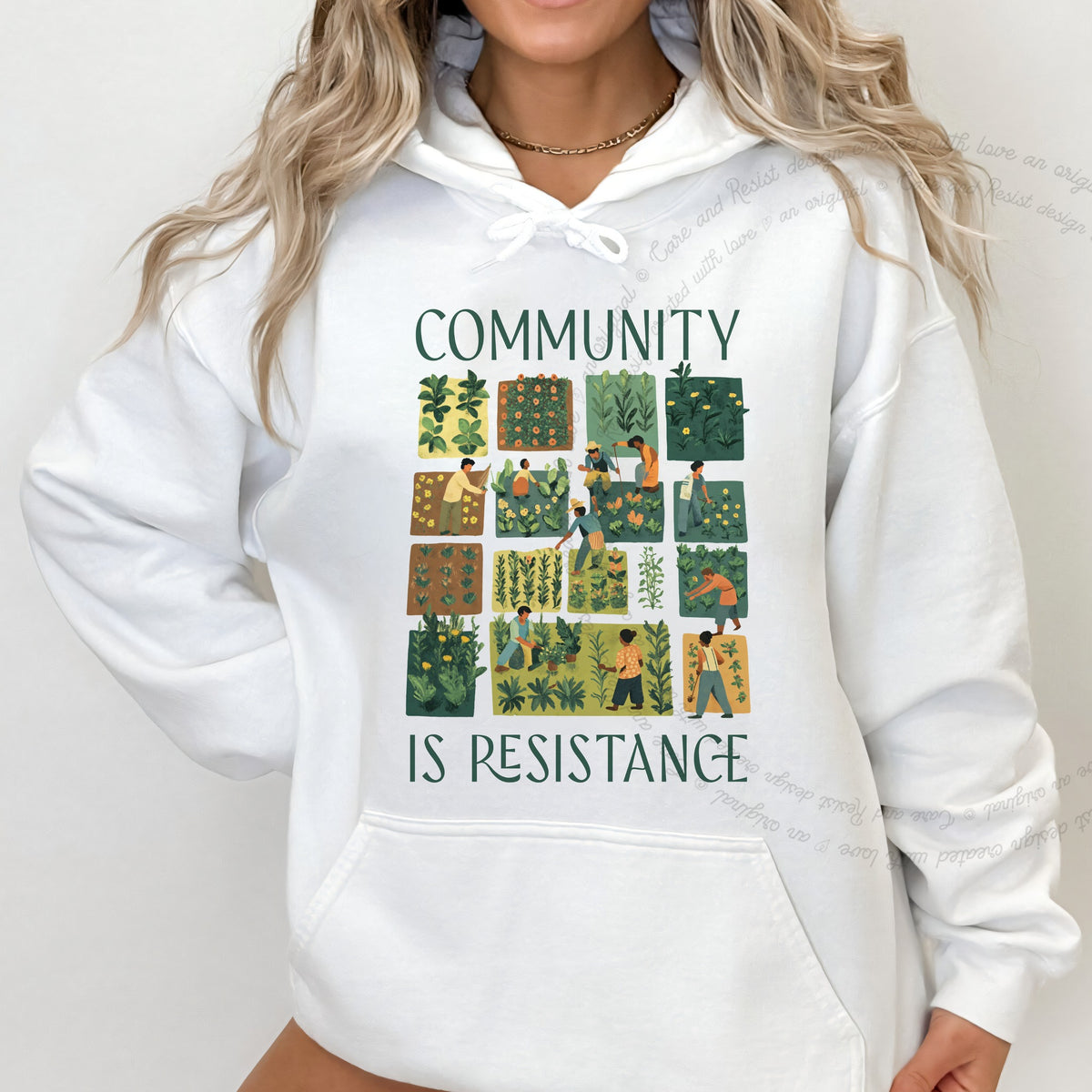 Community Is Resistance Garden Squares Care & Resist Gildan hoodie in White