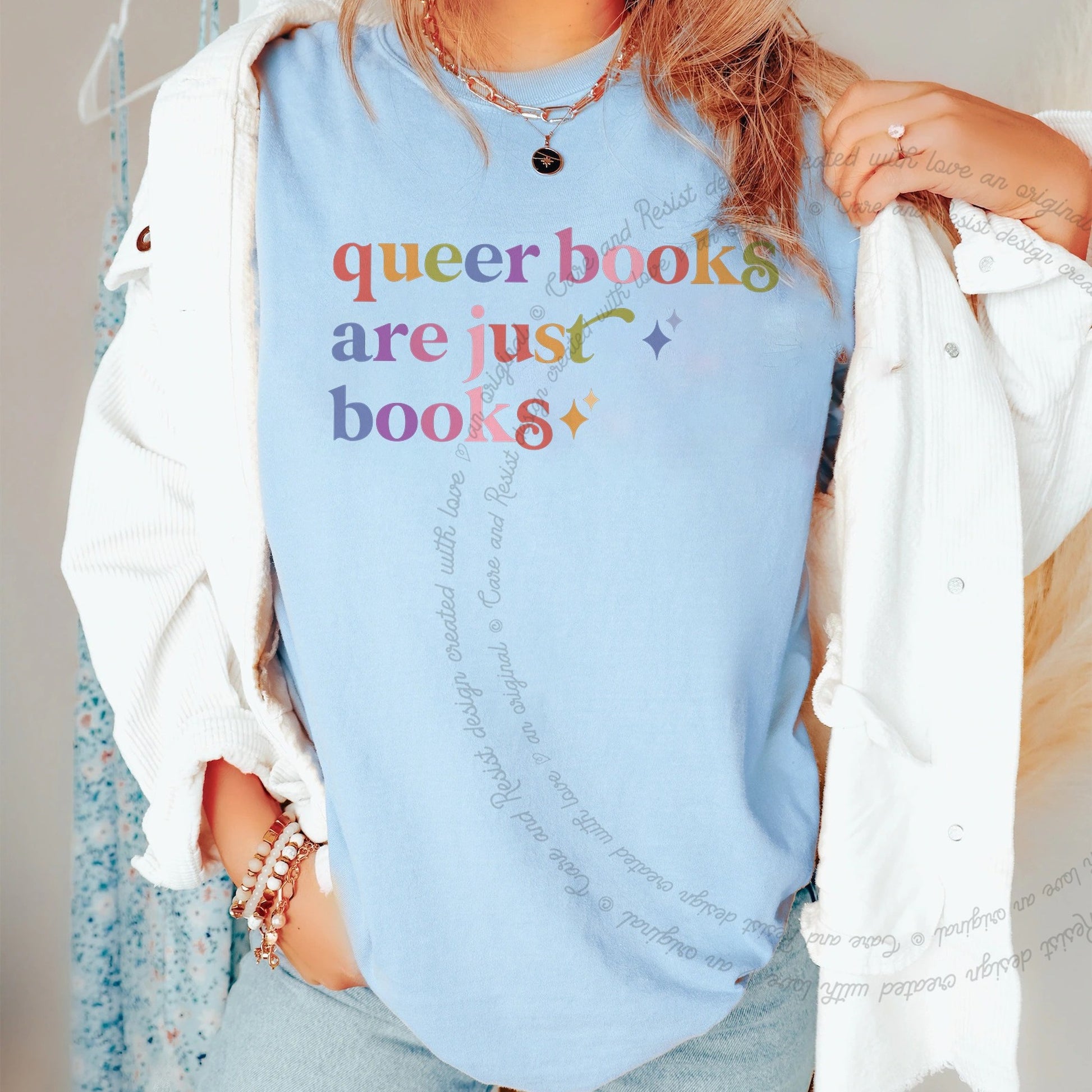 Queer Books are Just Books Care & Resist rainbow Comfort Colors tee, Chambray