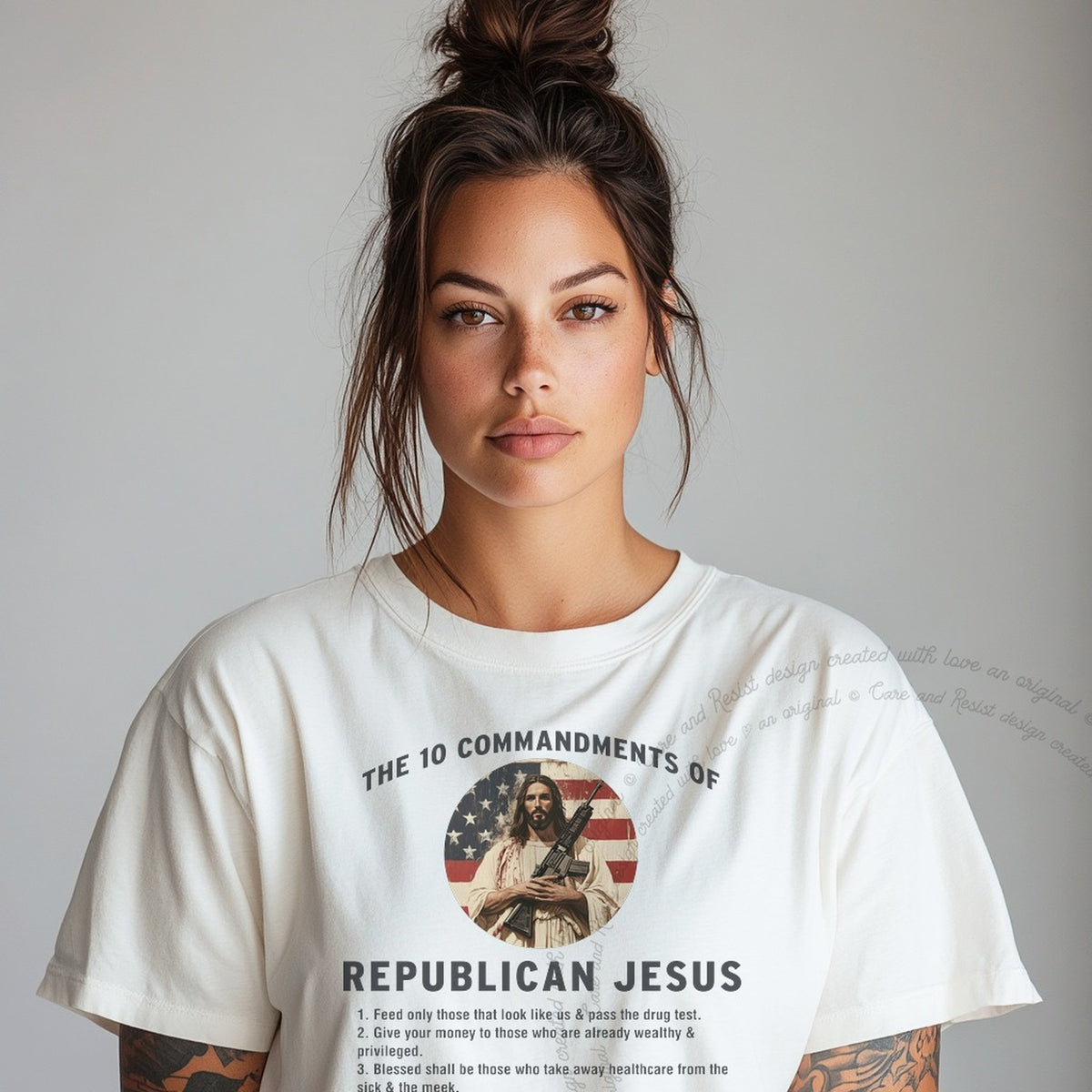 The 10 Commandments of Republican Jesus Care & Resist progressive t-shirt in White