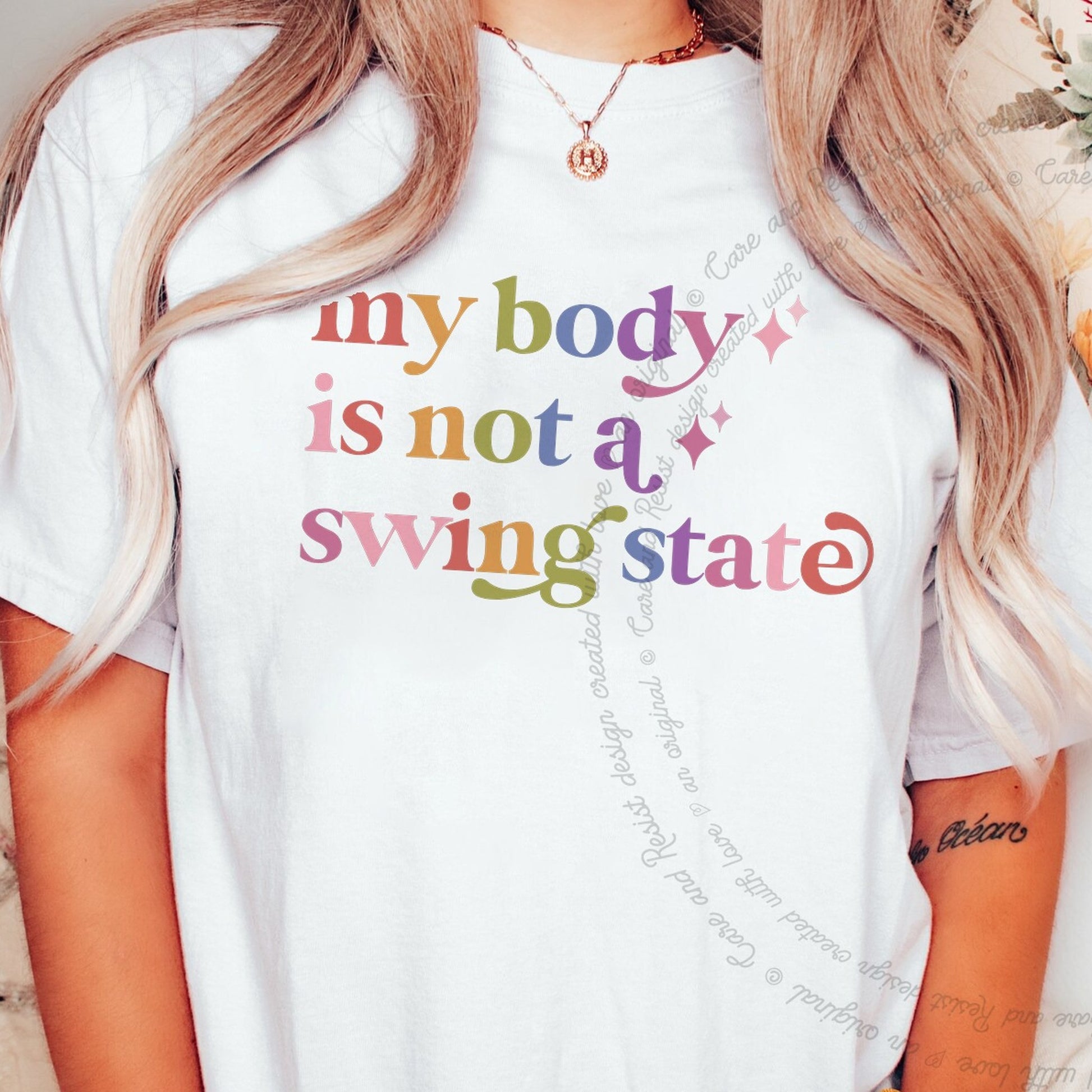 My Body is not a Swing State Care & Resist rainbow Comfort Colors tee, White