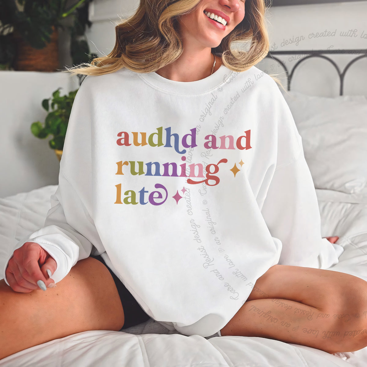Audhd and Running Late Care & Resist Gildan crewneck sweatshirt in White