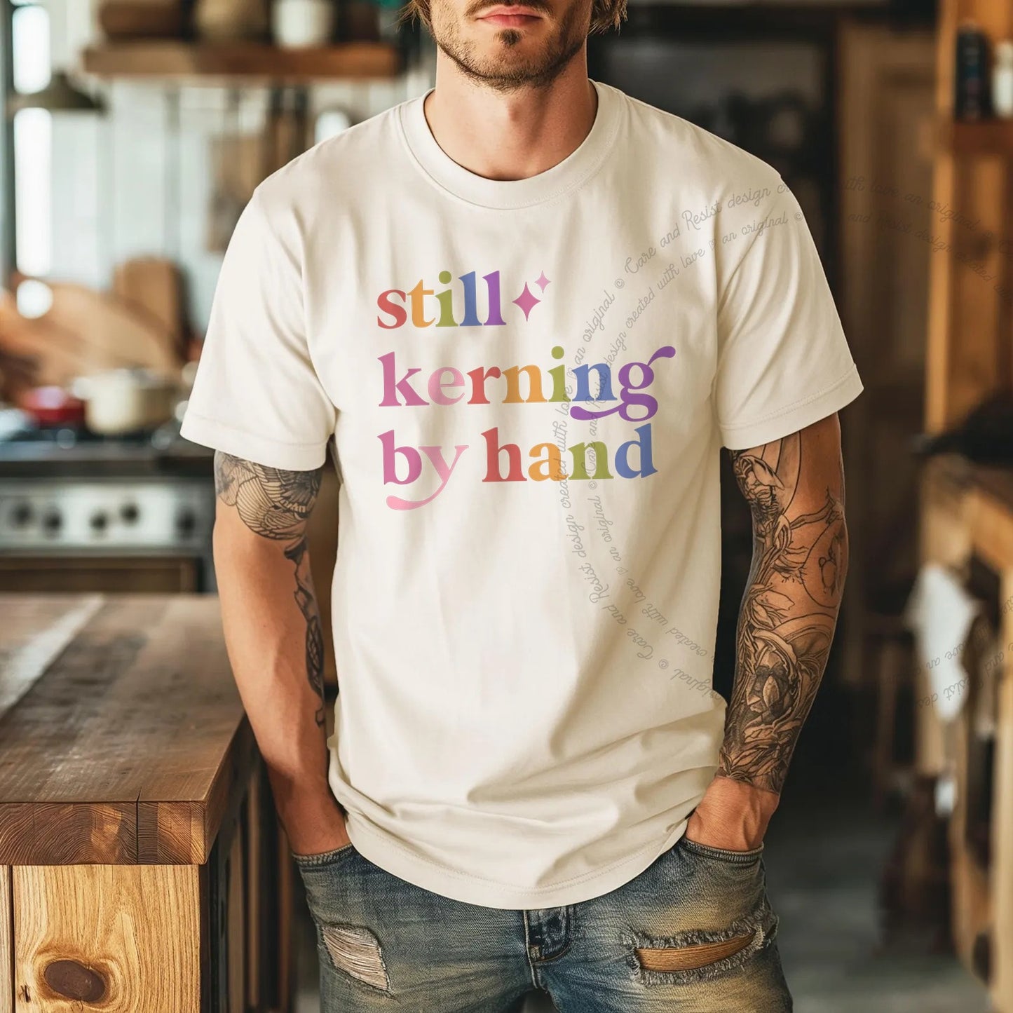 Still Kerning By Hand Care & Resist rainbow Comfort Colors tee, Ivory