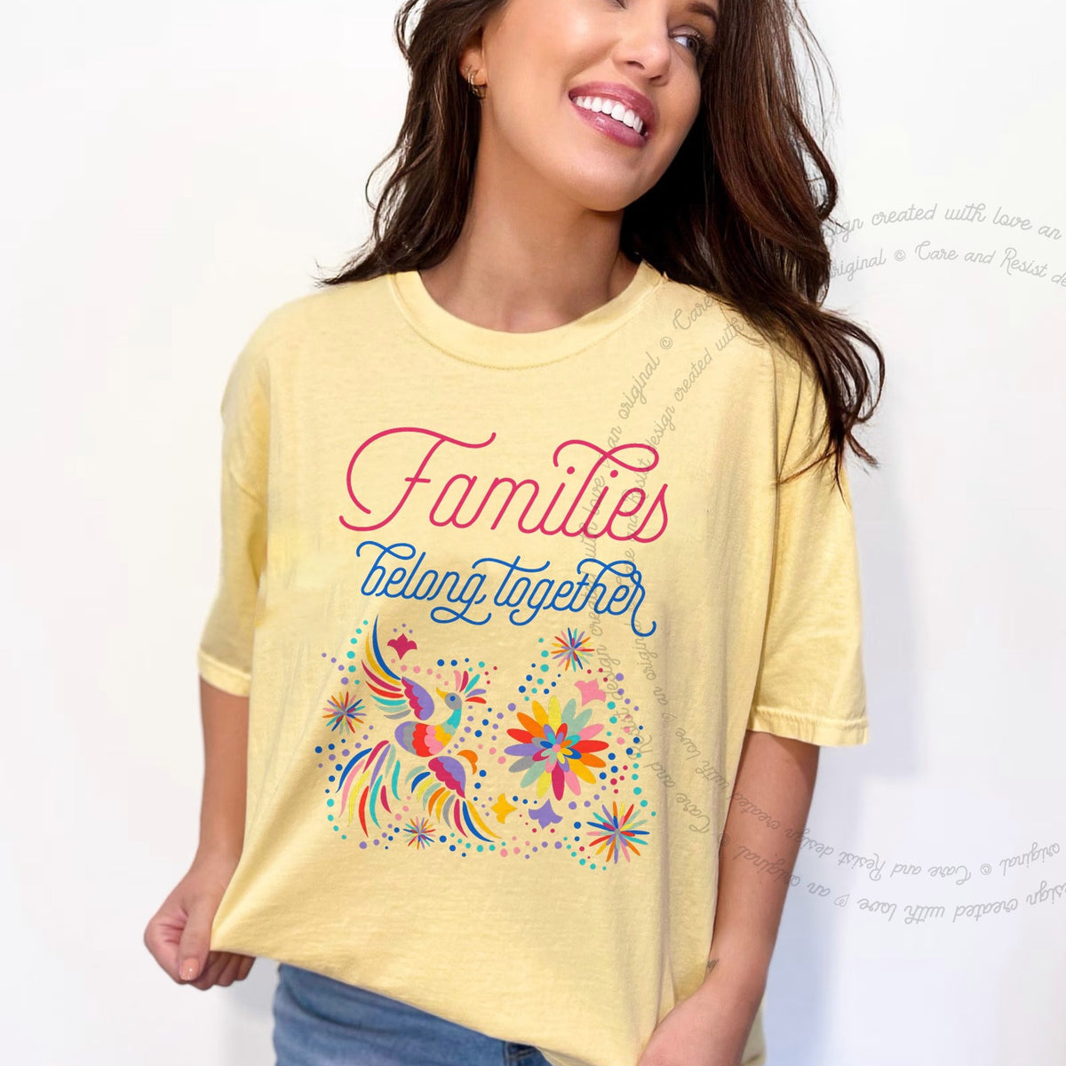 Families Belong Together Rainbow Care & Resist progressive t-shirt in Banana