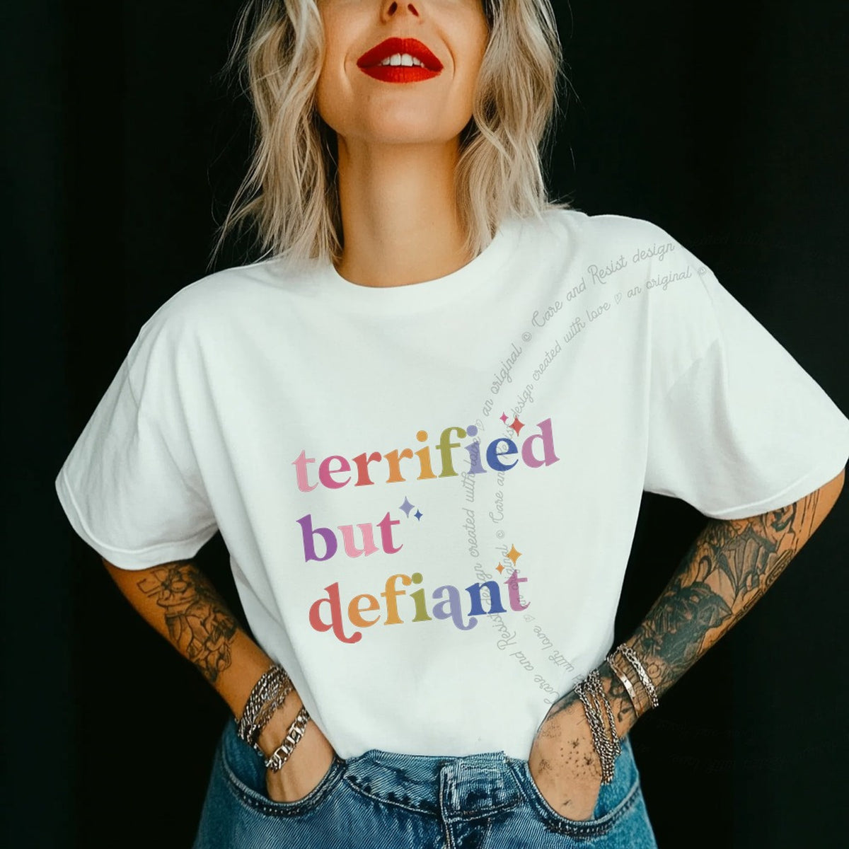 Terrified but Defiant Care & Resist progressive t-shirt in White