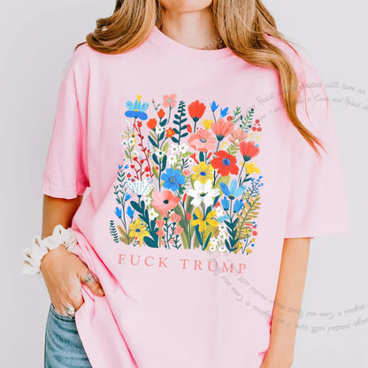 Fuck Trump Floral Care & Resist progressive t-shirt in Blossom