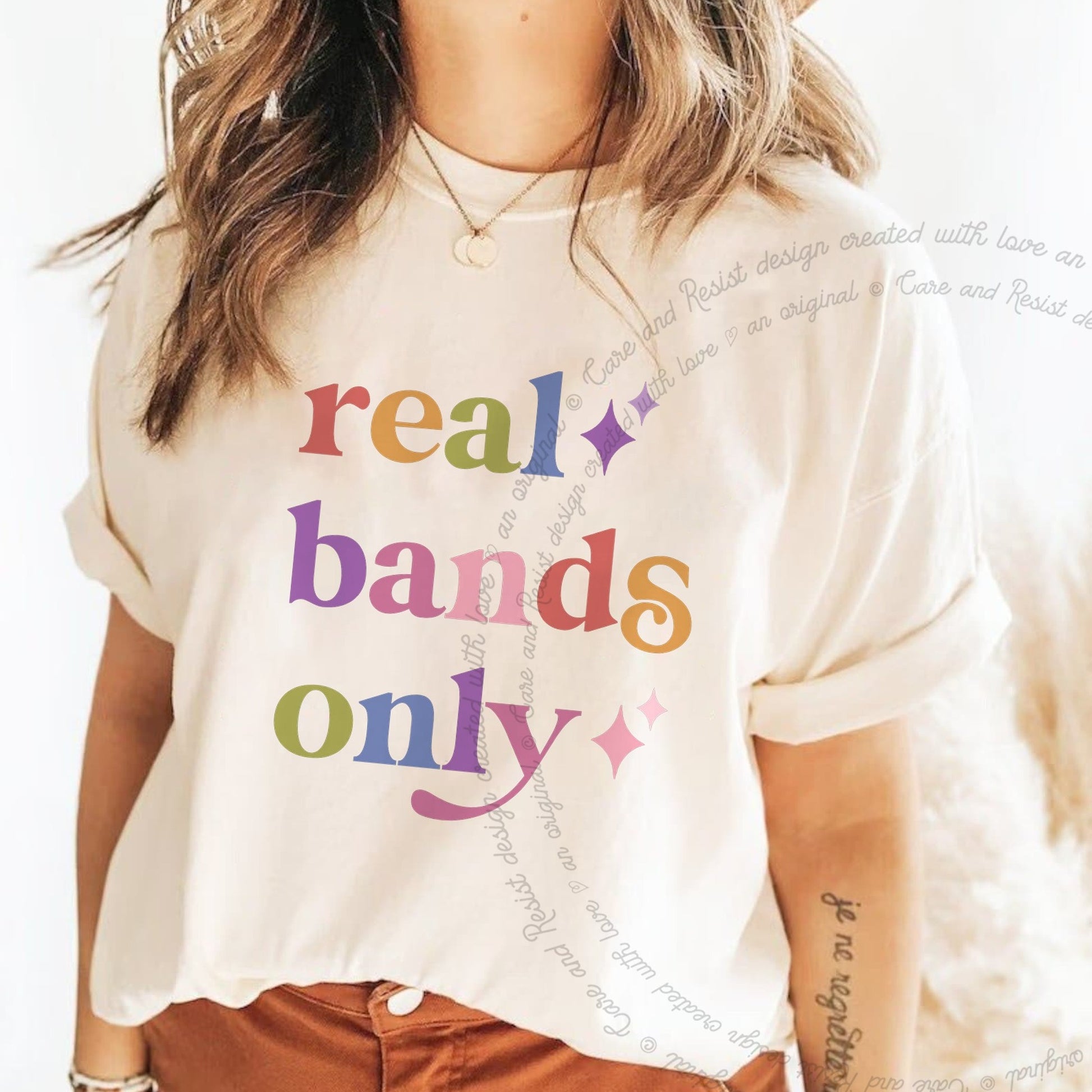 Real Bands Only Care & Resist rainbow tee