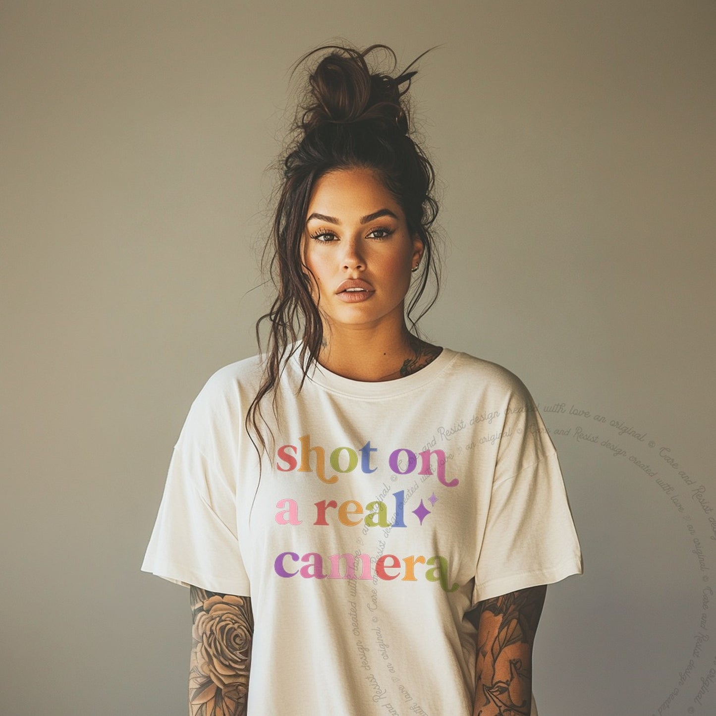 Shot on a Real Camera Care & Resist rainbow tee