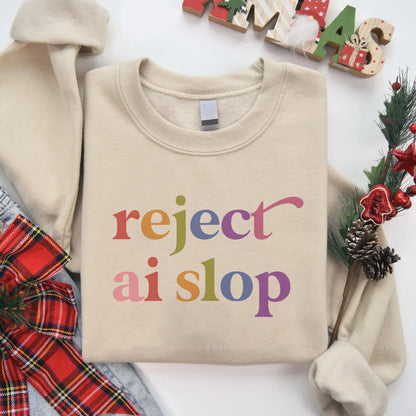 Reject AI Slop Care & Resist Gildan crewneck sweatshirt in Sand