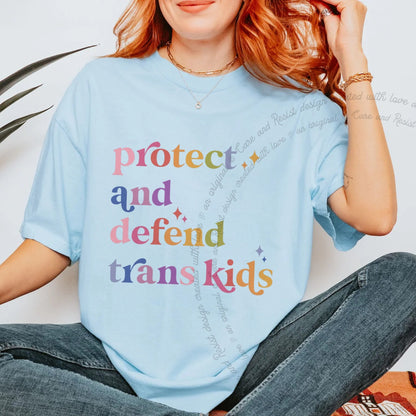Protect and Defend Trans Kids Care & Resist progressive t-shirt in Chambray