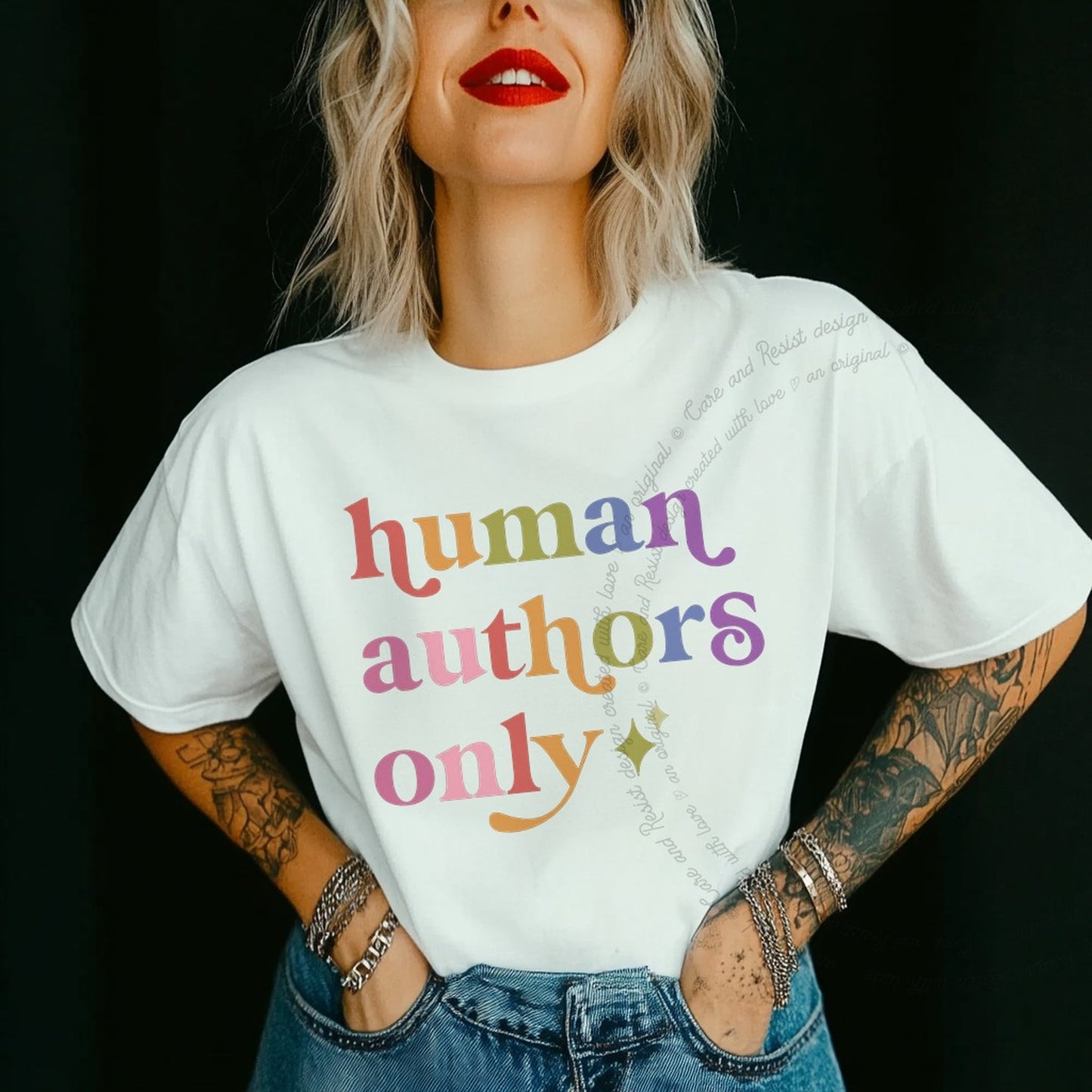 Human Authors Only Care & Resist rainbow tee