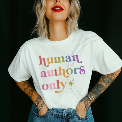 Human Authors Only Care & Resist rainbow tee