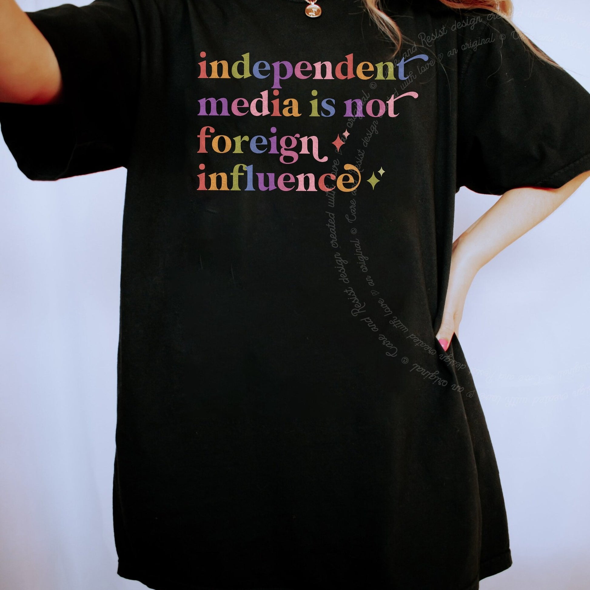 Independent Media is not Foreign Influence Care & Resist rainbow Comfort Colors tee, Black