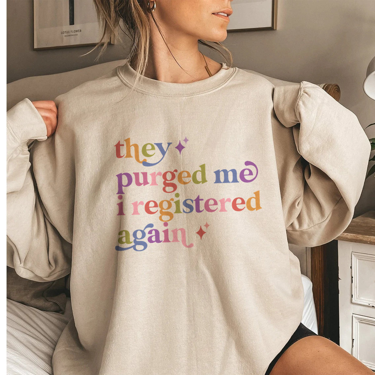 They Purged Me I Registered Again Care & Resist Gildan crewneck sweatshirt in Sand