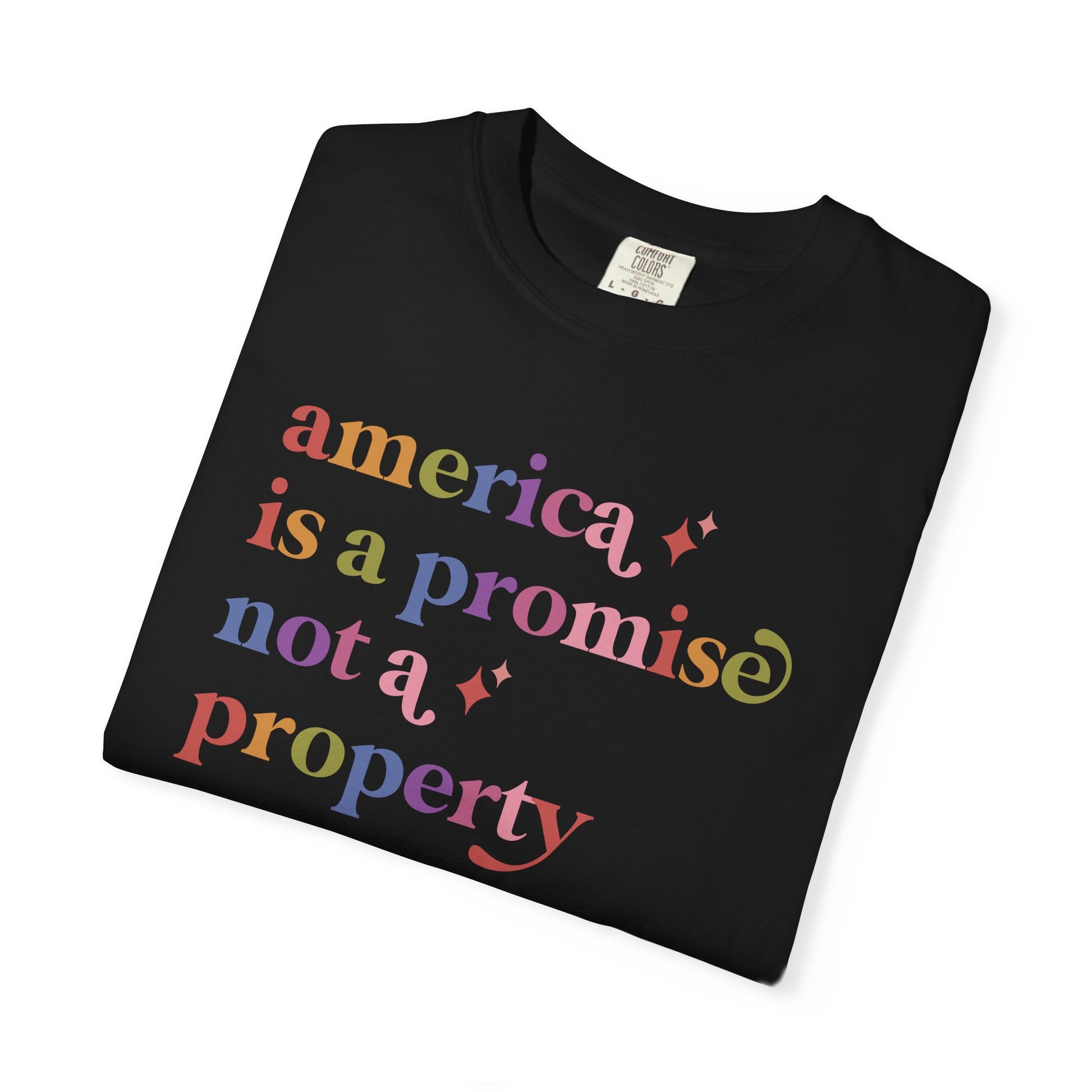 America is a Promise not a Property Care & Resist rainbow Comfort Colors tee