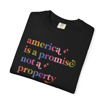 America is a Promise not a Property Care & Resist rainbow Comfort Colors tee