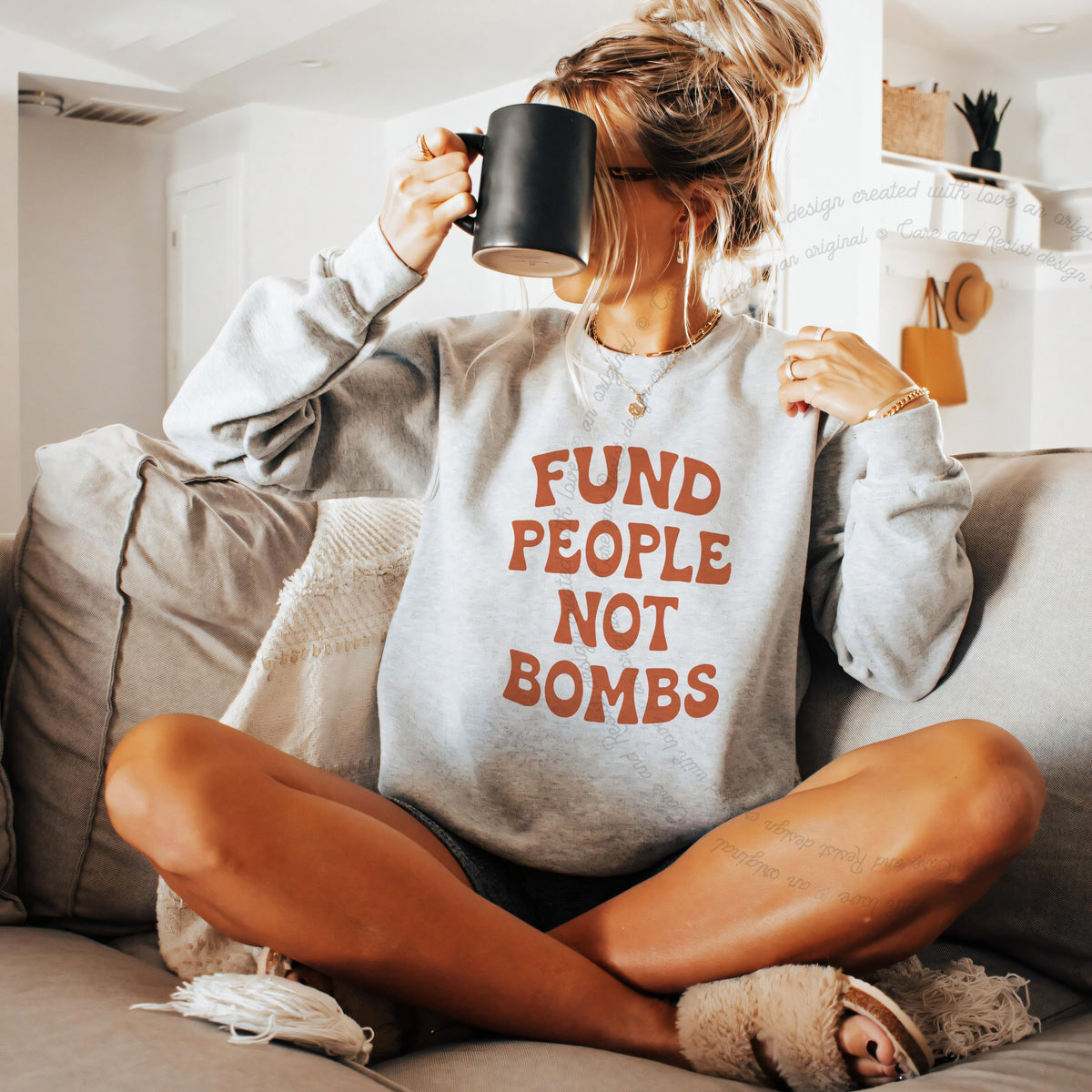 Fund People not Bombs Stacked Care & Resist Gildan crewneck sweatshirt in Sport Grey