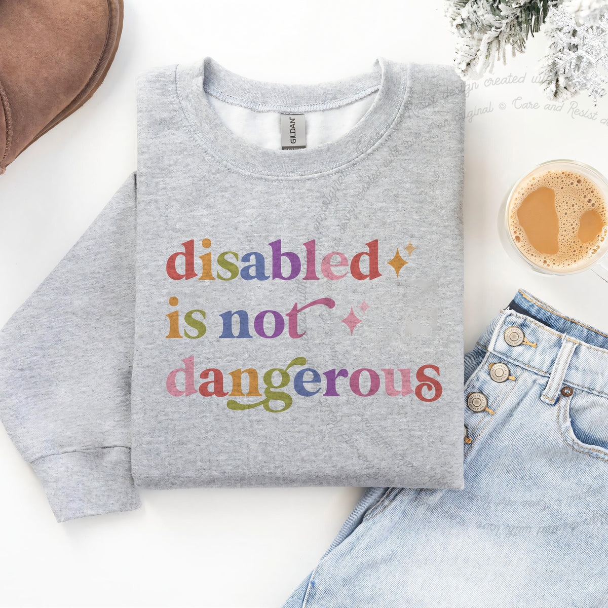 Disabled is not Dangerous Care & Resist Gildan crewneck sweatshirt in Sport Grey